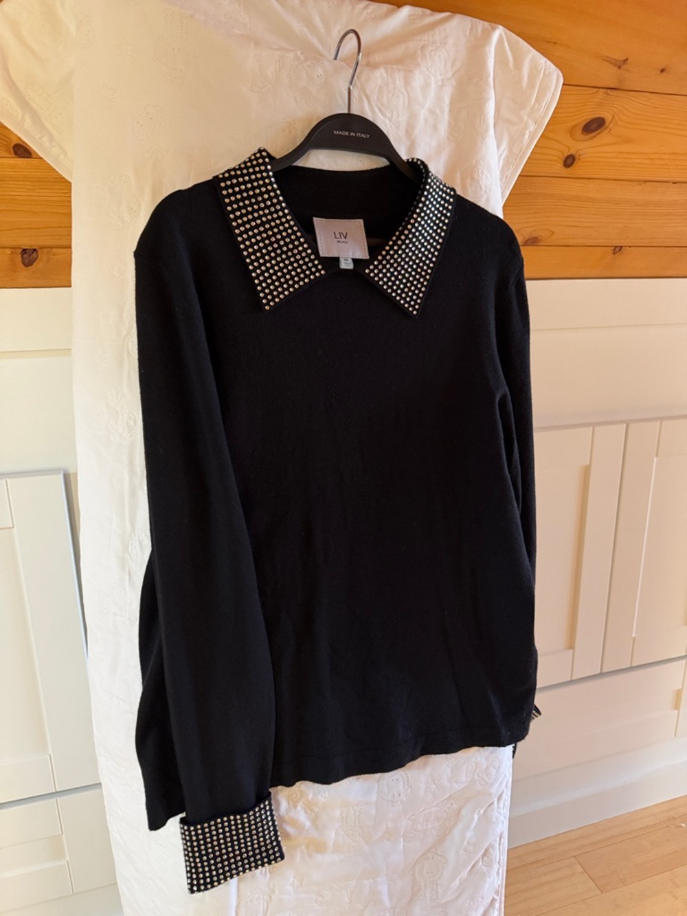 Milano Black Sweater with Crystal Studded Collar and Cuffs